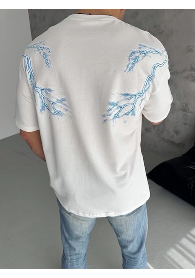 Erkek Bisiklet Yaka Tişört Yıldırım Şimşek Baskılı Kısa Kol T-shirt - Beyaz