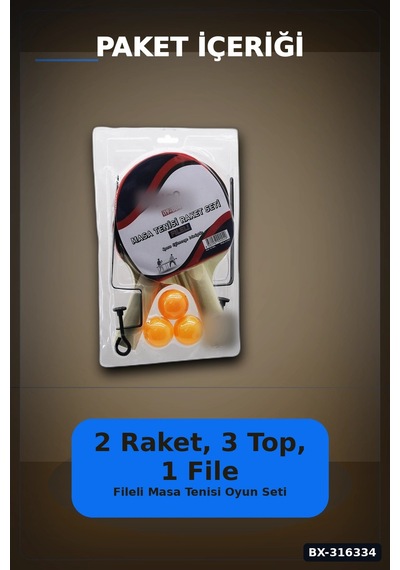 Masa Tenisi Raket Seti Fileli Pinpon Raketi - 2 Raket 3 Top 1 File Ayak Bx-316334