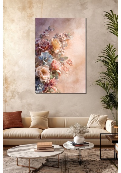 Çiçek Buketi Baskılı Cam Tablo Pastel Tonlu Floral Duvar Dekoru