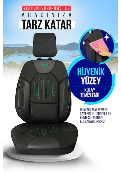 Siyah - Yeşil Panda Vibe Serısı Keten Kumaş Oto Koltuk Kılıfı - Tam Set