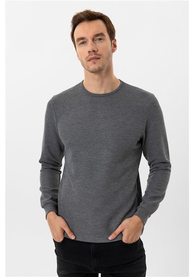 Süvari Gri Slim Armürlü Bisiklet Yaka Sweatshirt Gri