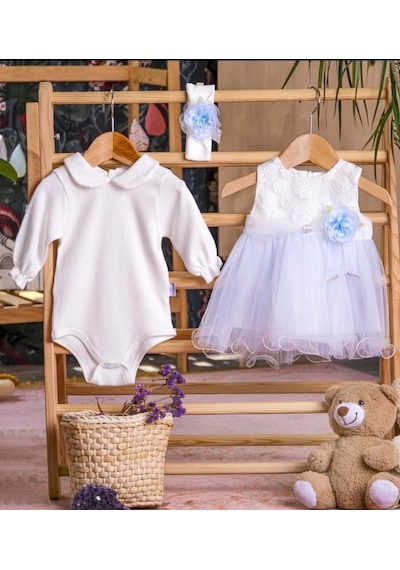 Lamato Baby Tül Kemerli Taşlı Çiçek Aksesuarlı Badili Bandanalı Bebe Kız Mevlütlük Elbise Mavi