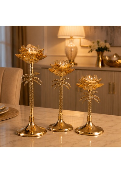 Palmiye Desenli Gold Cam Lotus Şamdan 3 Boy Dekoratif Mumluk Amber - Gold