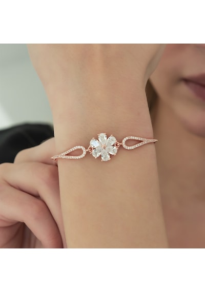 Nereze 925 Ayar Kelepçe Model Beyaz Taşlı Çiçek Bileklik Kadın Gümüş Bileklik