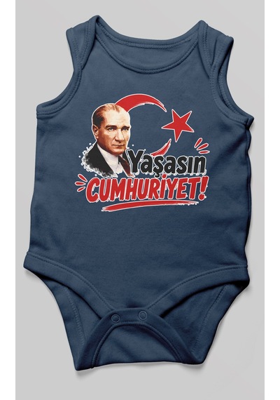 Morivokids Yaşasın Cumhuriyet Sıfır Kol Bebek Body %100 Pamuk Lacivert