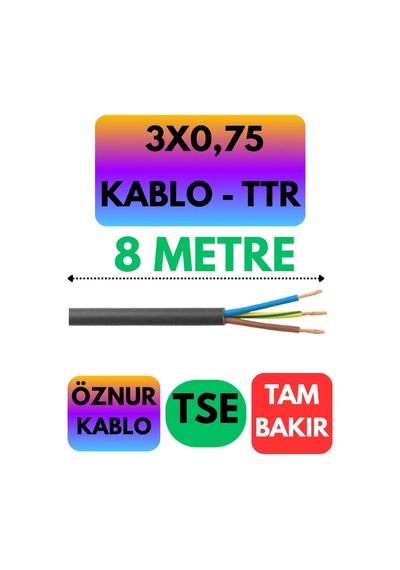 Öznur 3x0,75 Ttr Kablo Siyah Metre Seçenekli - 8 Metre