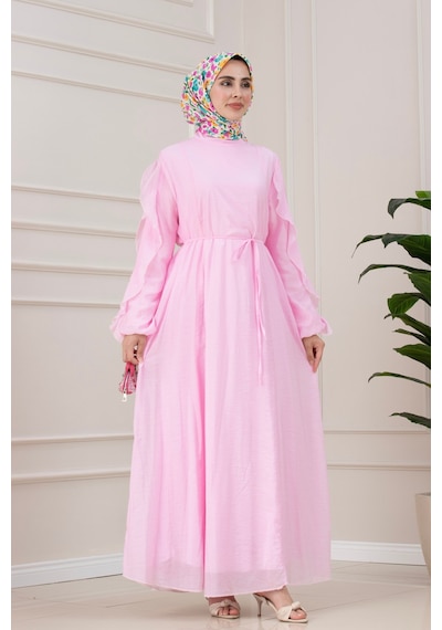 Sevitli Kolları Fırfır Detaylı Simay Elbise-pembe-5793
