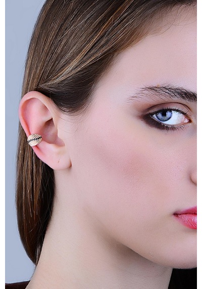 Gümüş Rose Siyah Taşlı Yaprak Modeli Sıkıştırmalı Kıkırdak Küpe Ear Cuff