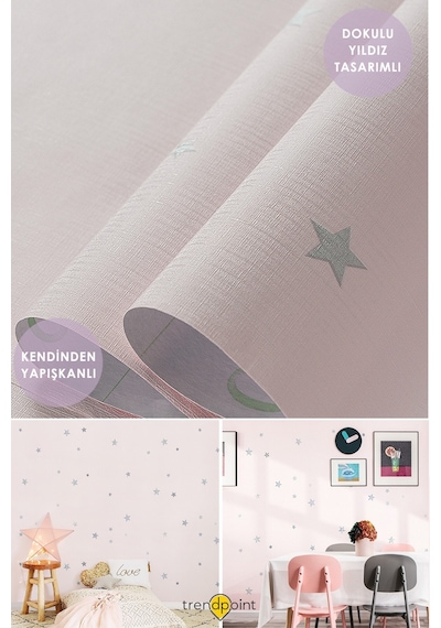Trendpoint Kendinden Yapışkanlı 60cm 100cm Pembe Yıldızlı Duvar Kağıdı Dolap Çocuk Odası Kaplama