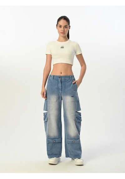Zekids Kız Çocuk Paçası Cepli Gabardin Pantolon-15520 Mavi