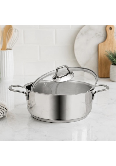 Gülsan Mega İnox Basık Çelik Tencere 24 Cm Cam Kapak Inox