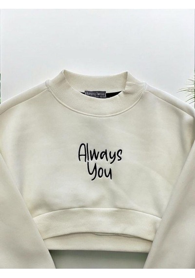 Kız Çocuk Üç İplik Şardonlu Always Yazılı Crop Sweatshirt-14377 KREM