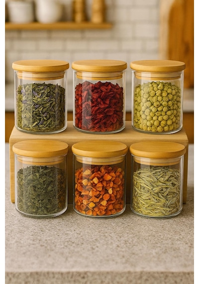 Borosilikat Baharatlık 500 Ml 6 Adet - 90 Mm X 100 Mm -bambu Kapaklı-sızdırmaz Silikonlu Beyaz