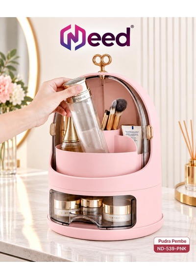 Need Oval Çift Kapaklı Çekmeceli Makyaj Ve Kozmetik Organizeri Pudra Pembe Nd-539-pnk