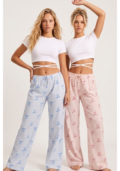 Siyah İnci 2'li Fiyonk Desenli Yumuşak Tuşe Kışlık Örme Tek Alt Pijama Altı 8074 Somon Mavi Fiyonk