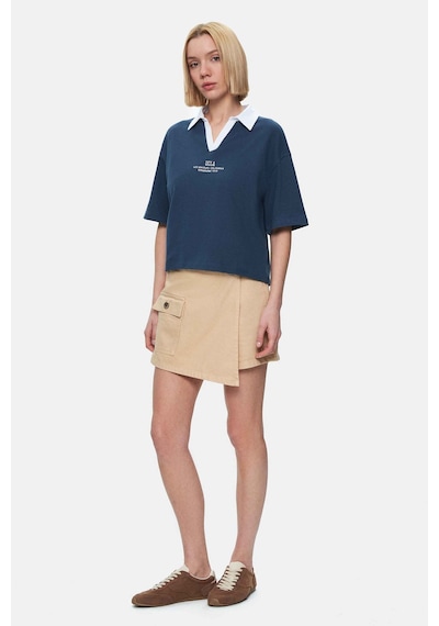 Polly Lacivert Polo Yaka Nakışlı Loose Fit Kadın Tshirt Lacivert