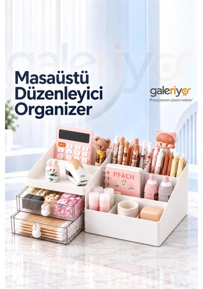 Galeriyo Masaüstü Organizer Çekmeceli Kalemlik Ve Çok Bölmeli Düzenleyici Beyaz Beyaz