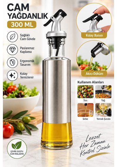Cam Yağdanlık 300 Ml Paslanmaz Çelik Kaplamalı Akıtmaz Kontrollü Döküm Yağ Sirke Sos Şişesi Şeffaf