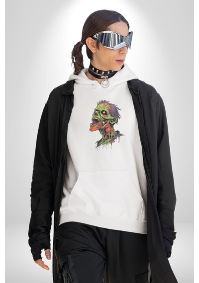Zombi Kafası Kadın Erkek Beyaz Kapüşonlu Sweatshirt Hoodie Beyaz