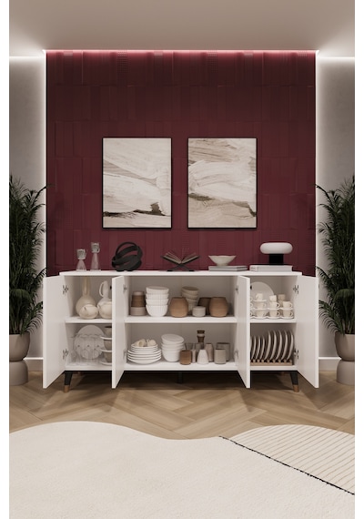 Asra Trend 4 Kapaklı Konsol KNSL01 %100 MDF Metal Ayaklı Çok Amaçlı Dolap Beyaz