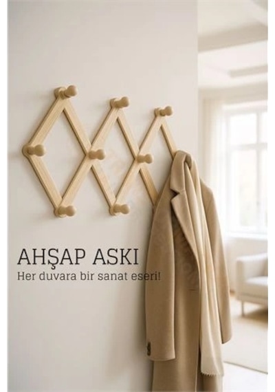 Ahşap Akordeon Duvar Askısı - Dekoratif, Çok Amaçlı, 10 Kancalı Akıllı Askılık 722371 Açık