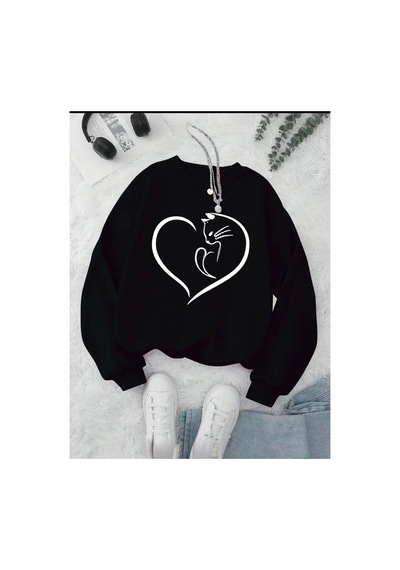 Medinenur Kedi Kalpli Baskılı 2 İplik Şardonlu Bisiklet Yaka Sweatshirt Siyah