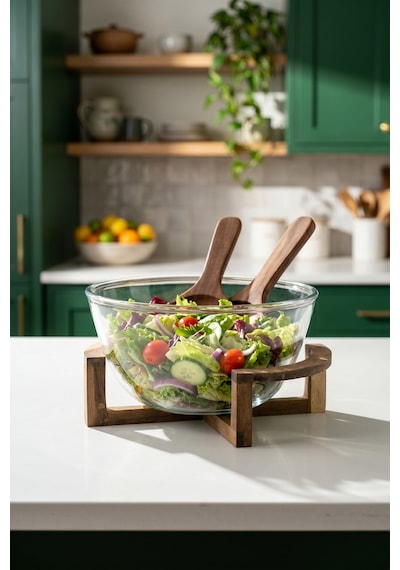 Bosco Akasya Salata Servis Kasesi & Çatal Kaşık - 2700 Ml Şeffaf