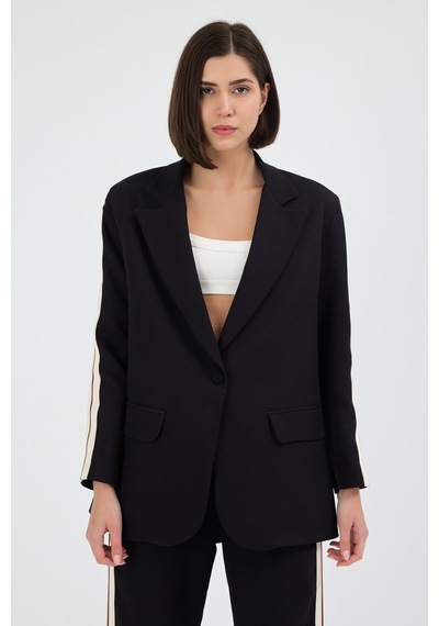 Diemmood Kadın Yan Şerit Detaylı Oversize Blazer Ceket & Palazzo Siyah Takım