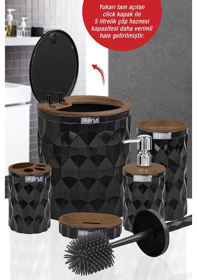Okyanus Home Diamond Siyah Ahşap Click Kapak Banyo Seti 5'li Siyah