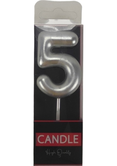 5 Beş Rakamlı Gümüş Gri Mum 6.5 Cm