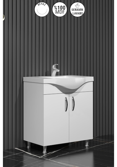 Yıldız 75 Cm Beyaz Mdf Lavabolu Ayaklı Kulplu Banyo Alt Dolabı Beyaz