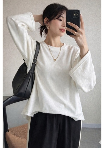 Oversize Kesim Bisiklet Yaka Uzun Kollu Sweatshirt Beyaz