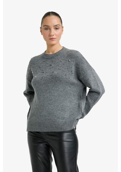 Defacto Oversize Geniş Kalıp Bisiklet Yaka İşlemeli Triko Kazak G3383ax25wngr156 Gri-gr156