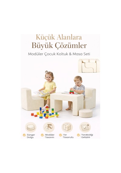 Modüler Çocuk Çalışma, Oyun Ve Etkinlik Masa Sandalye Takımı Ekru