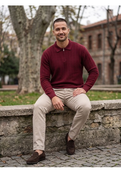 Maccali Erkek Bordo Fitil Detaylı Fermuarlı Polo Yaka Triko Sweatshirt