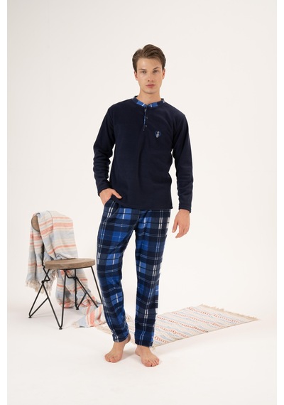 Estiva Erkek Kışlık Düğmeli Yaka Kareli Alt Polar Pijama Takımı 001