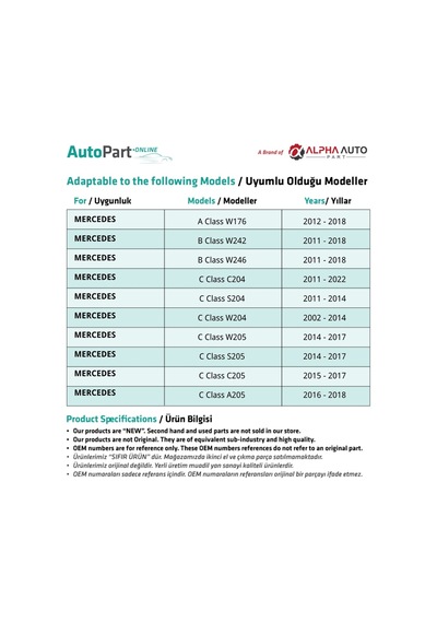Mercedes A Class W176 İçin Mazot Geri Dönüş Hortumu-euro 5- Uzun