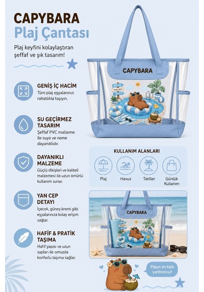 Capybara Lisanslı Figürlü Plaj Çantası Şeffaf Yüzeyli, Geniş Hacimli MAvi