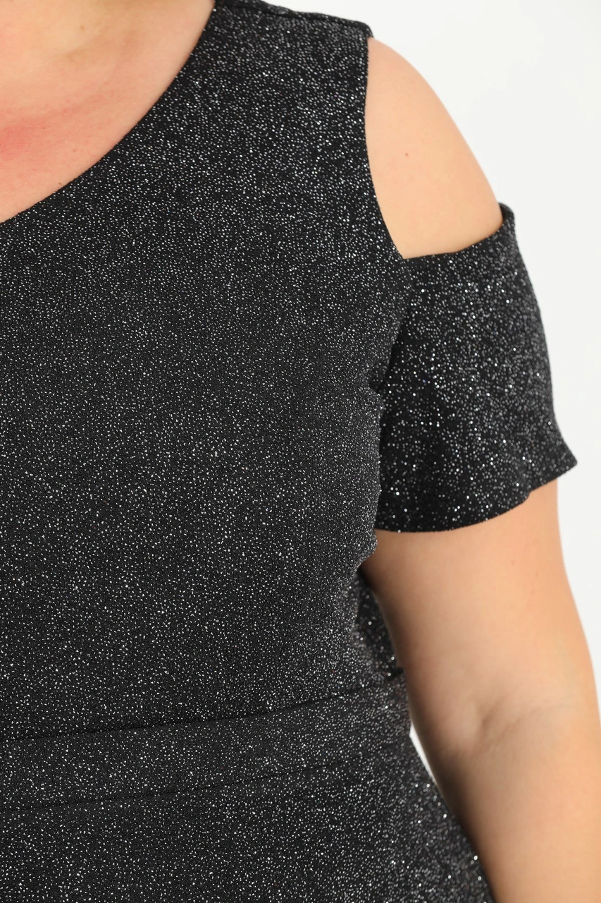 Lilas Xxl Büyük Beden Gümüş Renkli Omuz Detaylı Likralı Simli Abiye Elbise Füme