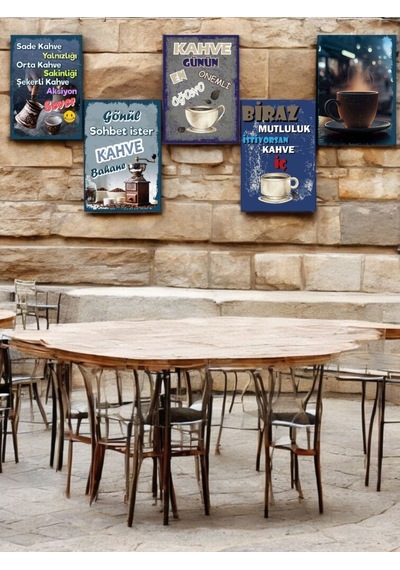 5 Parça 14cmx20cm Dekoratif Mdf Tablo, Kahve Köşesi Tabloları, Duvar Tabloları, Cafe Tabloları, Çerçeve Görünümlü Dekoratif Hediyelik