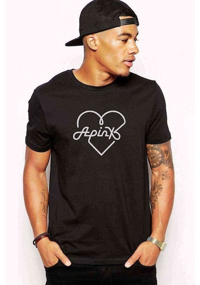Apink Logo Kalp Baskılı Siyah Erkek Tshirt