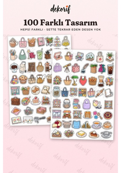 Renkli Çarşı Dükkanları Sticker Seti 100 Adet - Kafe Kitapçı Fırın Butik Temalı Ajanda Çıkartma Çok Renkli