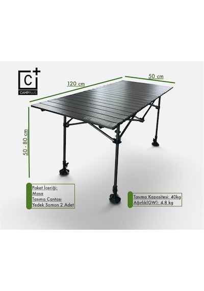 Campplus Yayla Ekstra Büyük Boy Katlanabilir Kamp Masası Teleskopik Ayaklı 120x55 Cm Gri - Siyah