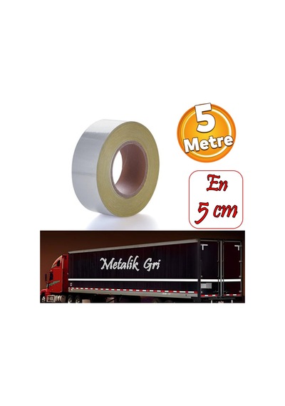 5 Metre Düz Desensiz Metalize Gri Renk Reflektörlü Bant Gece Parlayan En 5 Cm İkaz Bandı Reflektif