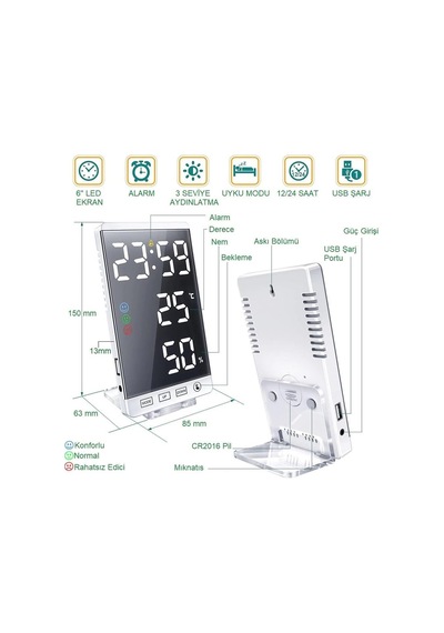 Upway 6 İnç Dijital Aynalı Led Ekran Masa Saati Alarm Sıcaklık Nem Usb Diğer
