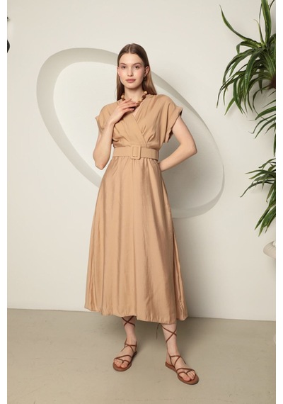 Rabia Çelik Kemerli Midi Nude Elbise Nude Nude