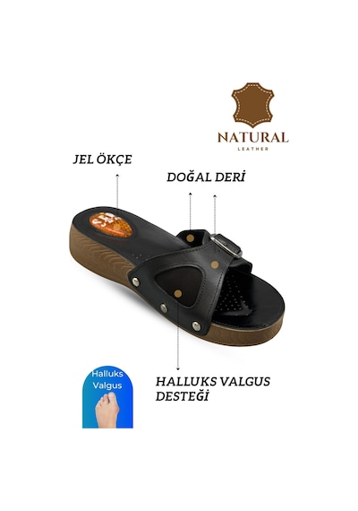 Sermoda Hakiki Deri Kadın Terlik - Halluks Valgus Destekli Jel Taban Kadın Terlik Siyah