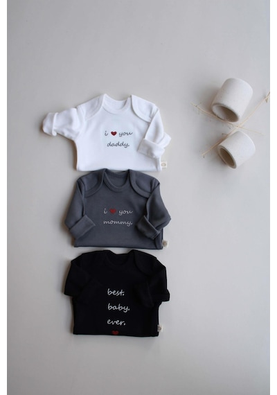Ohlalakoala 3lü Nakışlı Çıt Çıtlı Uzun Kollu Body Zıbın Set Model 7 Siyah-antrasit-beyaz
