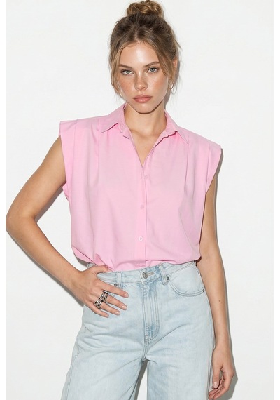 Kadın Kolsuz Gömlek Yaka Beli Lastikli Balon Crop Gömlek Dg261030 60286343 - Pembe