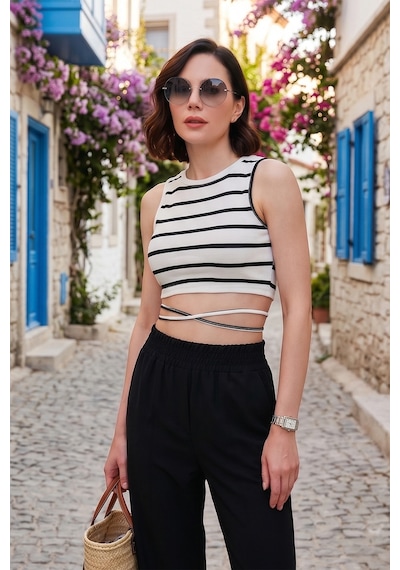 Lela Çizgili Slim Fit Bağlama Detaylı Bayan Crop 5865715 Beyaz-Siyah